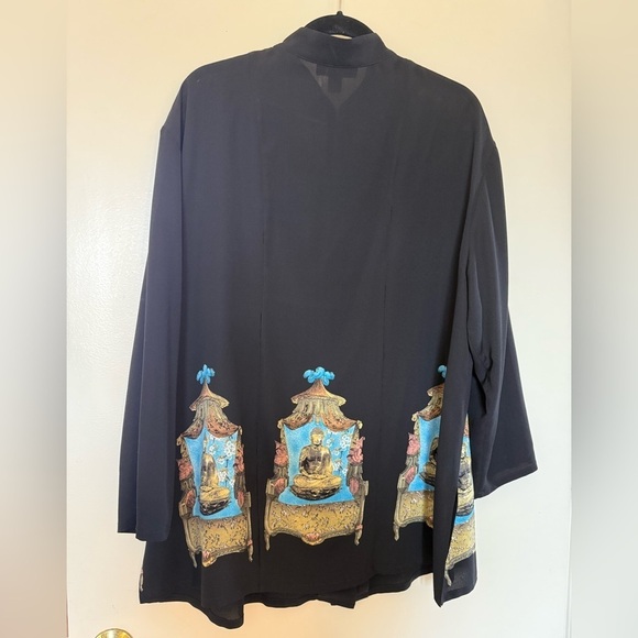 Harari 100% Black Silk Mandarin Collar Top with Blue Buddha Print in Size 0X - Picture 6 of 8